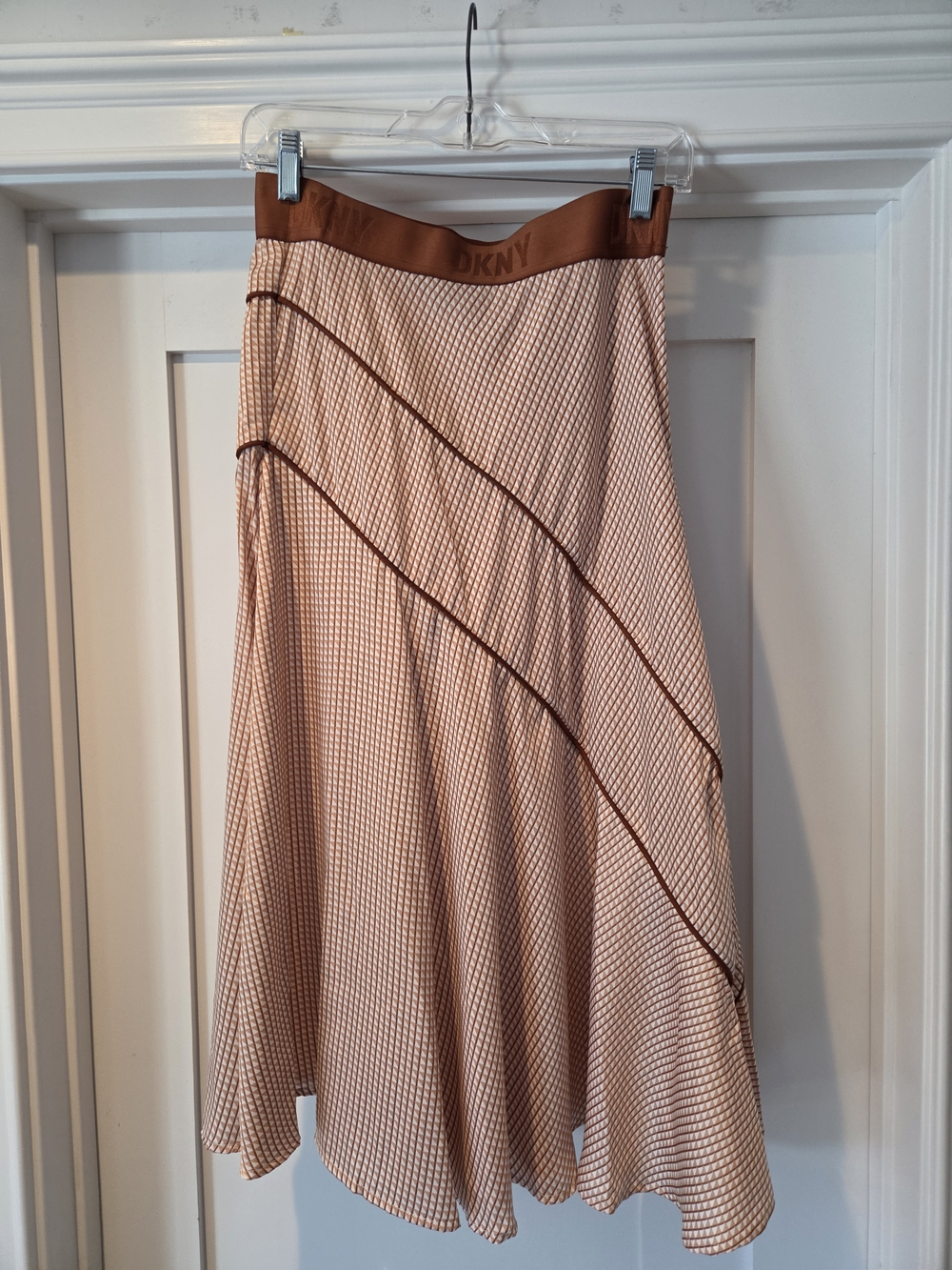 DKNY Peach Grid Circle Skirt with Brown Waistband